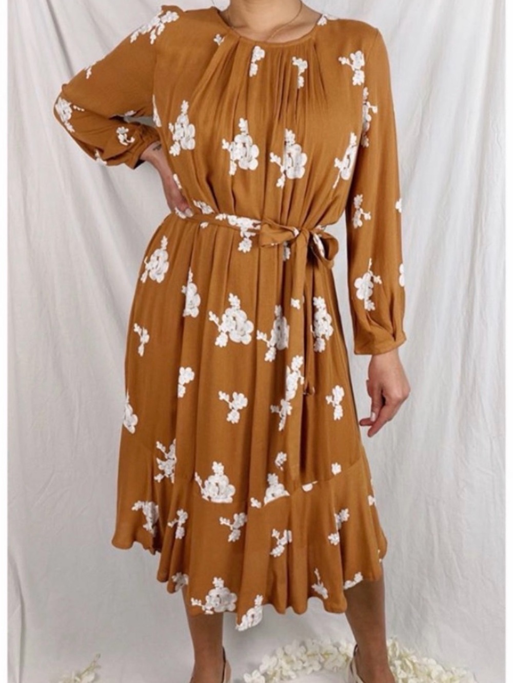 Ces Femme Mustard Brown Floral Tie-Waist Midi Dress
